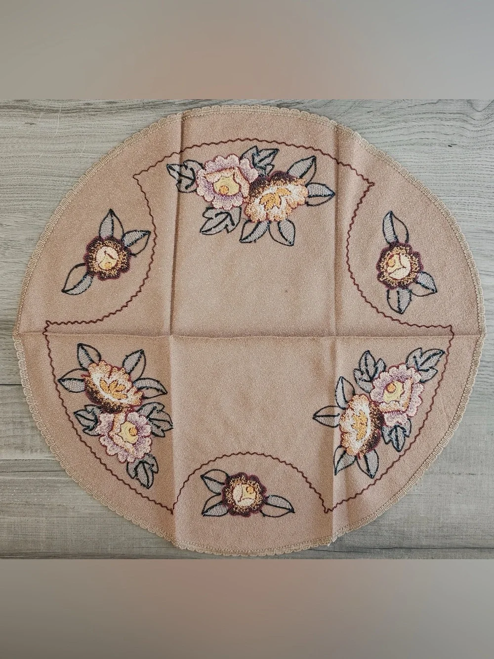 Vintage Punch Needle Embroidered Table Mat / Doily Warm Earth Tones